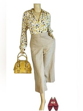 LOFT TAN & BLACK CROPPED WIDE LEG PLAID TROUSERS (10)